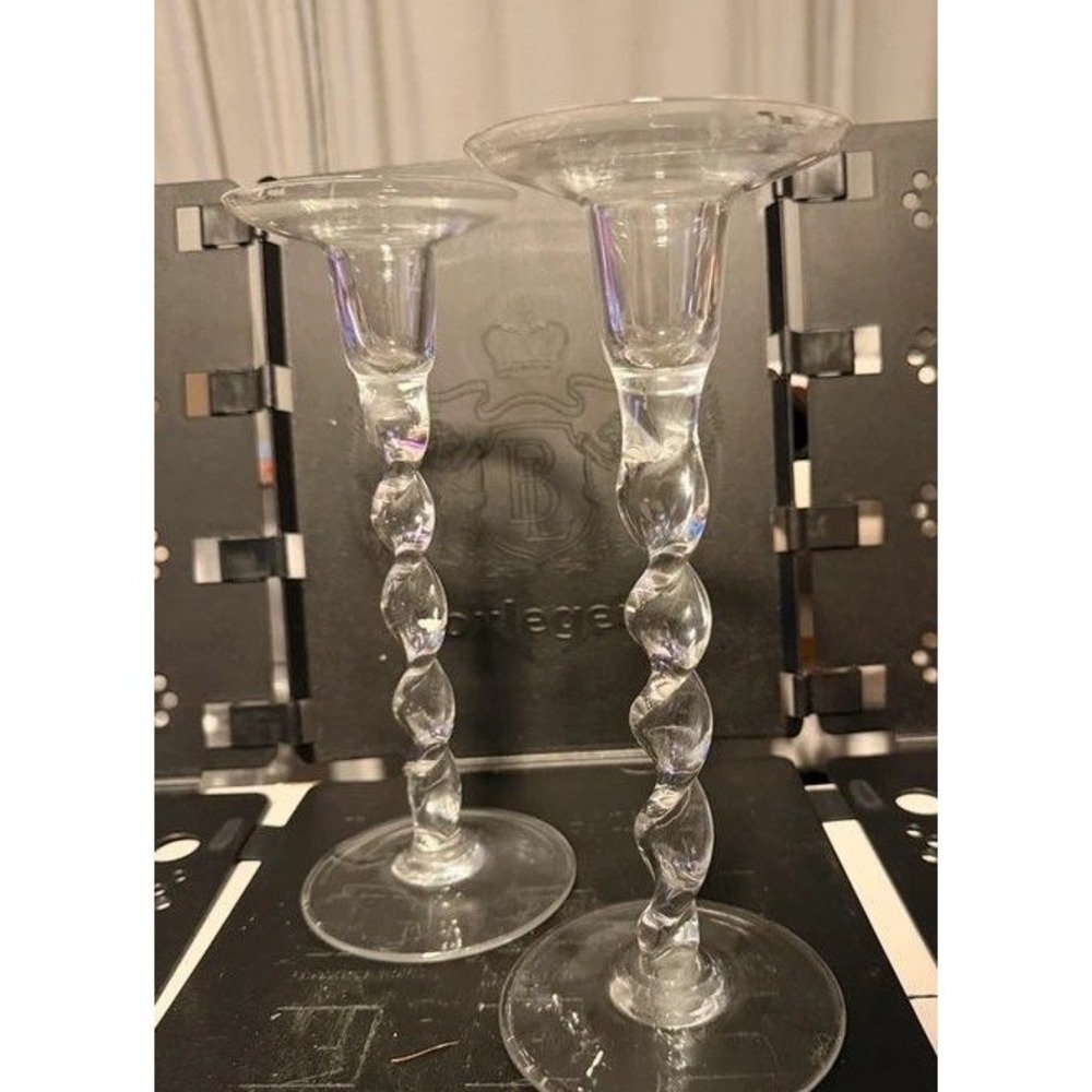 Ceska Crystal Candlestick Holders Pair Twisted Stem Clear Glass 9.5" Vintage